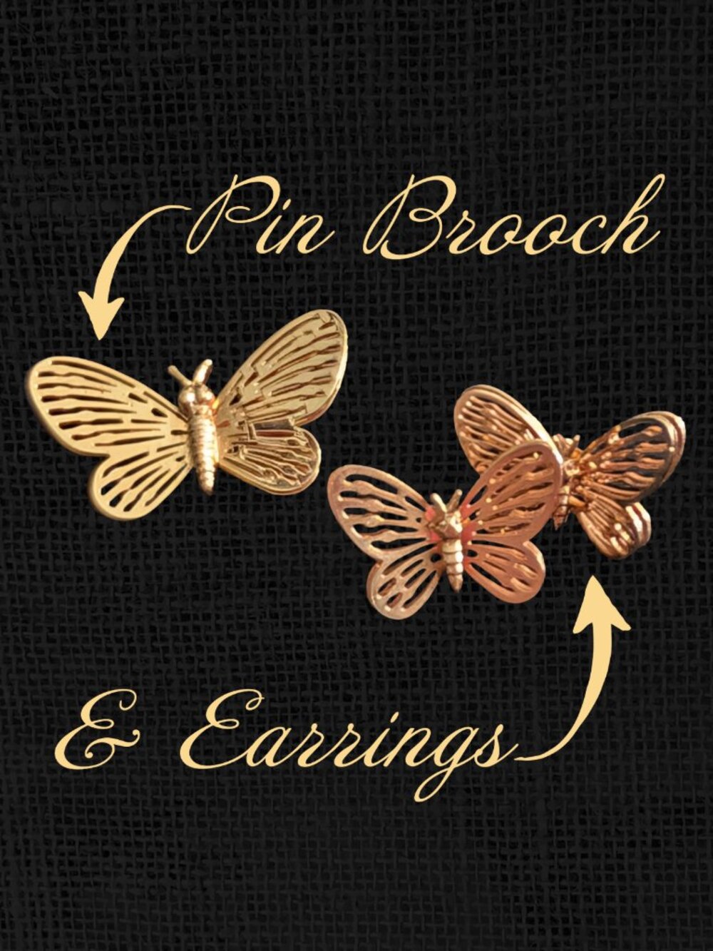 Gold Tone Vintage Filigree Butterfly Brooch & Pierced Earrings Set
